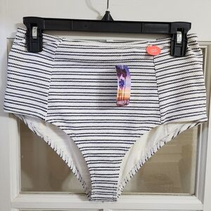 NWT Forever 21 High Waist Navy White Striped Textured Bikini Bottom Size L
